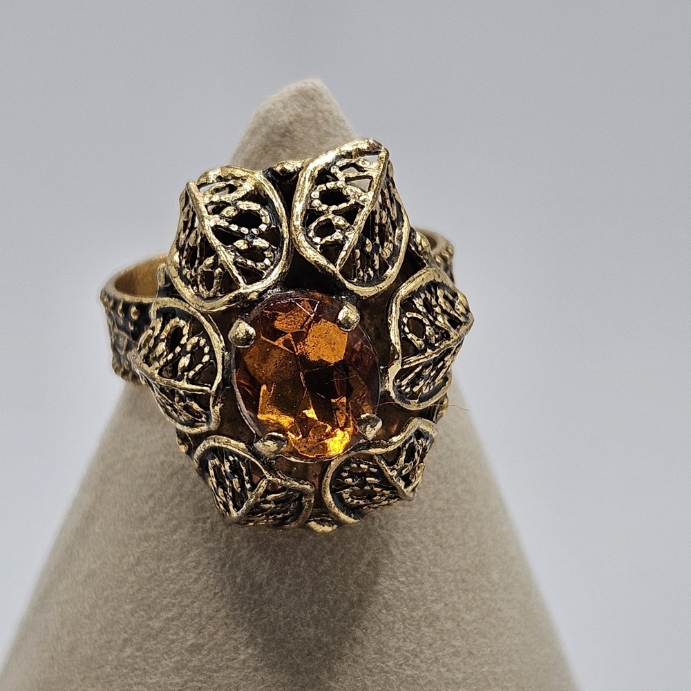 Vintage Unique West Germany Gold Tone Ring Glass Cabochon Adjustable Filagree